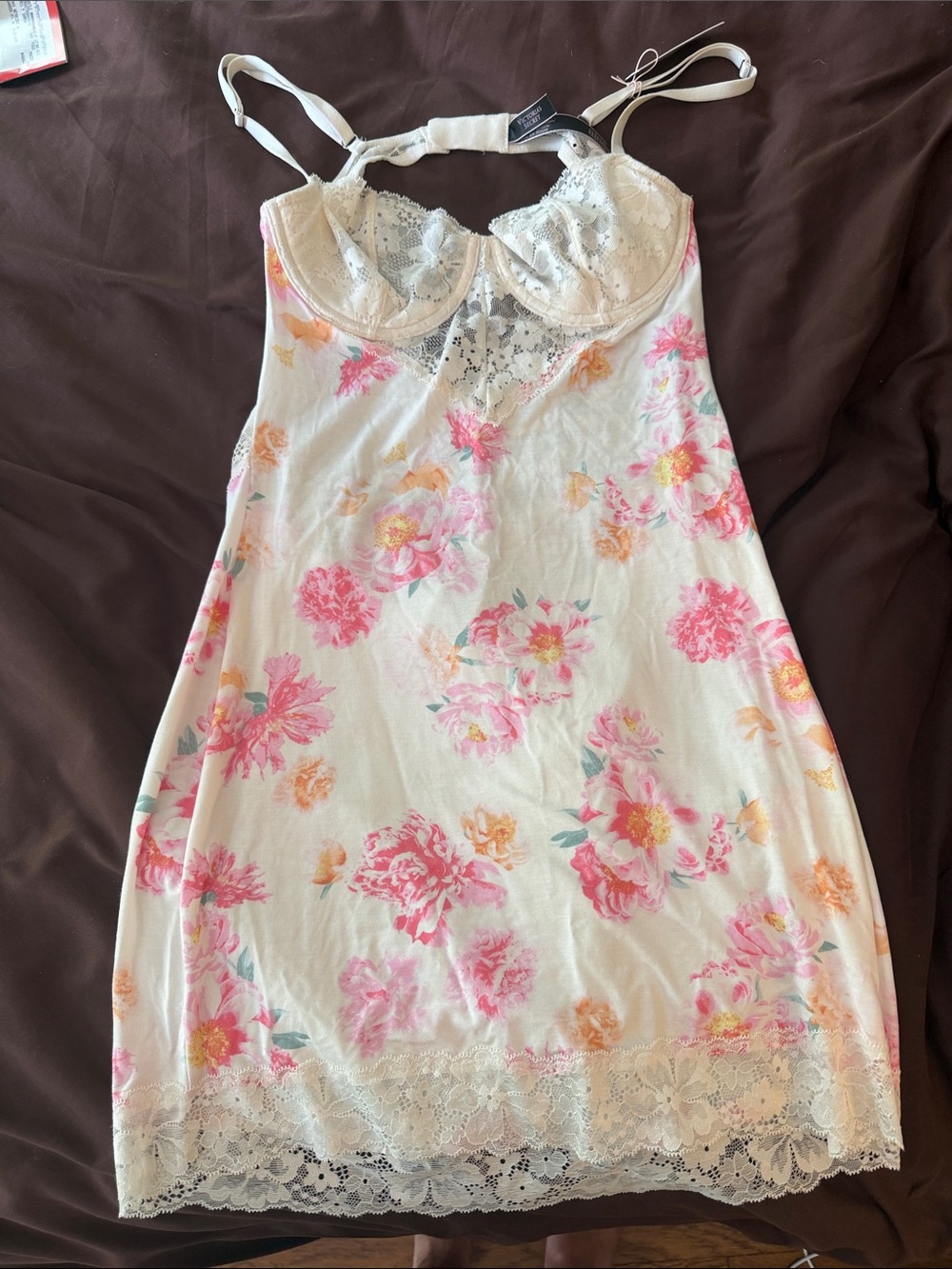 NWT $89 Victoria's Secret Cream Floral Lace Chemise with Pink & Peach Accents, M